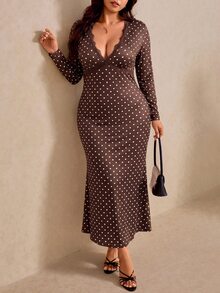 Elaquor Plus Size V-Neck Long Sleeve Polka Dot Mermaid Dress Fall - Coffee Brown - View 5