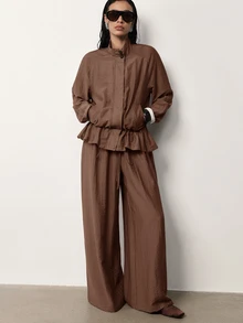 MERLEAU Women's Streetwear Button Zip Drawstring Long Sleeve Jacket - Brown - View 3