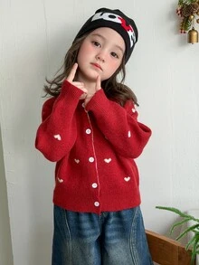 DAZY Infant/Toddler (Girl) Heart Pattern Long Sleeve Cardigan, Korean Style, Autumn/Winter - Red - View 1