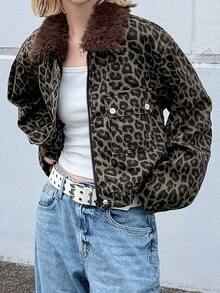 FRIFUL Women's Fashion Street Leopard Print Zipper Denim Jacket - Brown - View 7