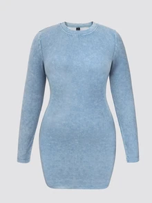 SHEIN Plus Size Washed Denim Mini Dress, Round Neck Long Sleeve Slim Fit Skirt, Suitable For Daily Wear - Blue - View 4