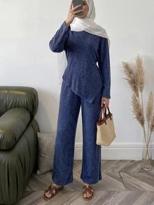 Solavon Women's Solid Color Long Sleeve Asymmetric Hem Top And Pants Arabic Clothing Set - Blue - View 4