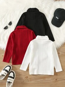 SHEIN 3件組兒童小男孩秋冬休閒高領T恤，紅色T恤多件裝，男童T恤上衣 - 彩色 - 查看 2