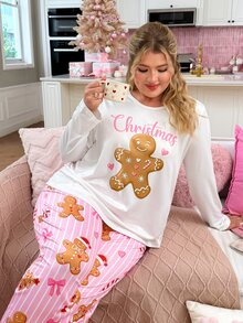 Slumberry CURVE Plus Size Women's Christmas Gingerbread Man Bow Candy Stripe Knit Long Sleeve Pants Pajama Set - Multicolor - View 5