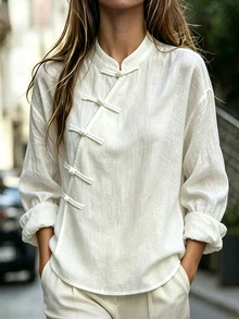 SHEIN بلوزة نسائية بلون موحد أنيقة بأسلوب صيني جديد وياقة مائلة وأزرار فرغ طويلة الأكمام فضفاضة - لون مشمشي - مشاهدة 4