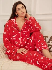 Doze Lane طقم بيجامة بطباعة الغزال الأحمر & رقاقات الثلج بأجواء عيد الميلاد، طقم ملابس منزلية مريحة من قطعتين بياقة كلاسيكية وحواف متباينة - الأحمر - مشاهدة 3
