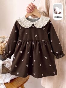 Baby Girl Peter Pan Collar Daisy Pattern Long Sleeve Cute Dress - Multicolor - View 4