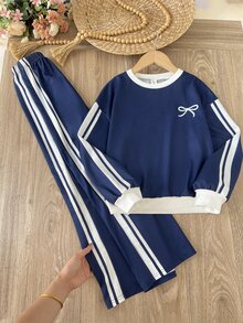 SHEIN Tween Girls Tween Girl Autumn/Winter Simple Side Stripe Casual Bow Print Long Sleeve Pants Set - Multicolor - View 6