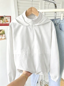 SHEIN Kids Tween Girl Casual Street Style Hooded Zip-Up Autumn Winter Jacket With Pockets, Drawstring Hem, Long Sleeve, Woven Solid Color - White - View 7