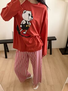 DAZY 2pcs/Set Women's Cartoon Bear Pattern Loose Long Sleeve T-Shirt & Plaid Straight Leg Long Pajama Pants Loungewear Set - Red - View 4