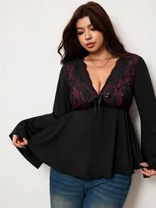 Enliva Atasan Babydoll Hitam Motif Renda Bunga untuk Wanita Ukuran Plus, Bentuk Tubuh Apel dan Bulat - MultiWarna - View 6