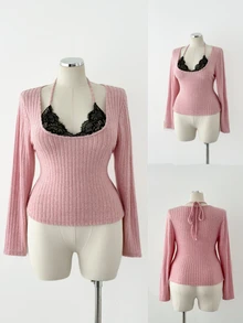 Sunspun Sexy Slim Fit Lace Patchwork Long Sleeve T-Shirt, Minimalist Style - Multicolor - View 4