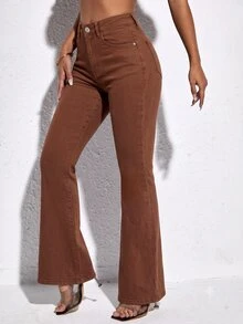 SHEIN PETITE Zipper Button Pocket Solid Color Flare Jeans - Brown - View 4