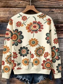 EMERY ROSE 女款秋冬戶外上衣，冬季服飾，滿福對比色花卉印花圖案，女款圓領休閒衛衣，花卉印花，日常穿著長袖衛衣，休閒風格，圖案設計，戶外，購物 - 彩色 - 查看 2