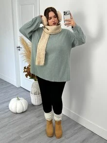 SHEIN CURVE+ Women Plus Size T-Shirt 22W, Autumn/Winter Solid Color Ribbed Comfortable Crew Neck Long Sleeve Casual T-Shirt - Green - View 6