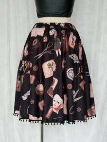 Sunspun Plus Size Fashion Dark Doll Print Tassel Decor Skirt Fall - Black - View 2