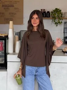 Siren Gaze Women's Solid Color Elegant Round Neck Draped Bell Sleeve Blouse - Brown - View 5