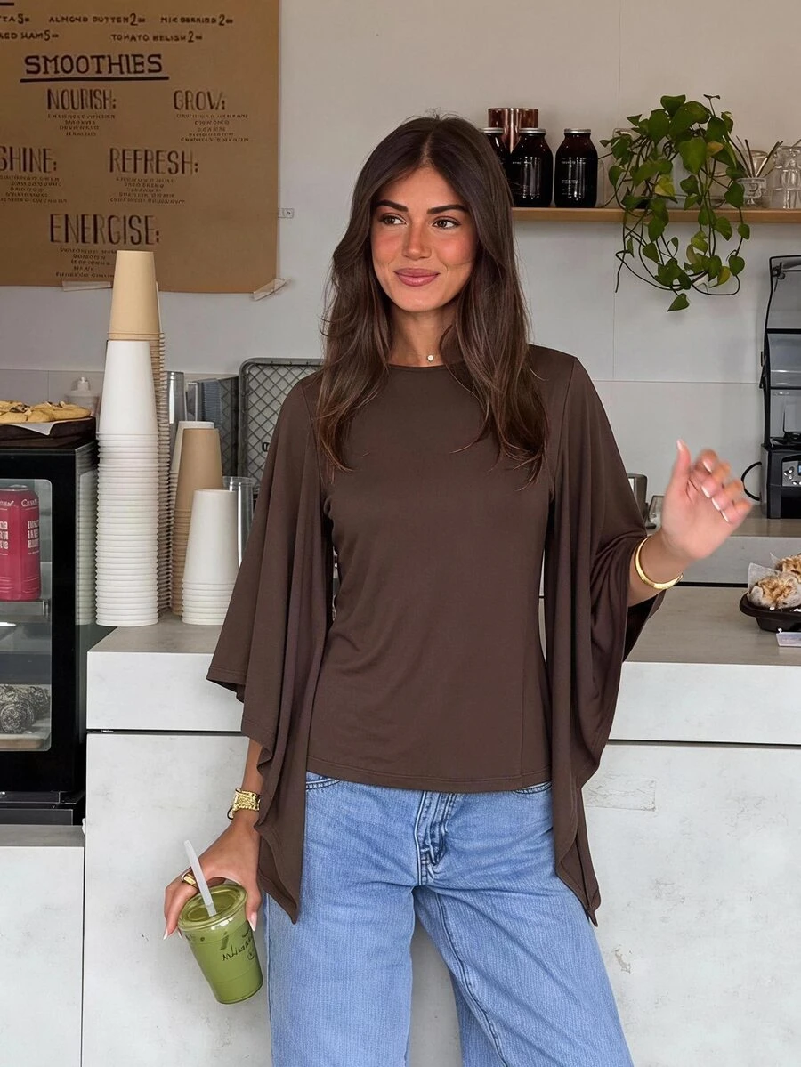 Siren Gaze Women's Solid Color Elegant Round Neck Draped Bell Sleeve Blouse - Brown - View 1