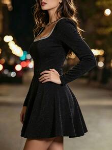 Velvienne Plus Size Women's Patchwork Sequin Trim Square Neck Long Sleeve Shiny Elegant Dress - Black - View 3