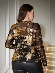 Reflora Plus Size Women's Fashion Shiny Mesh Slim Fit Top, Suitable For All Seasons - Gold - View 2
