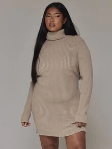 MUSERA Plus Size Beige Ribbed Turtleneck Knit Mini Sweater Dress Spring Summer Casual Everyday Day Outfit Going Out - Camel - View 2