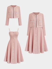 Sweetra Plus Size Women Solid Color Spaghetti Strap Dress And Long Sleeve Cardigan Set - Baby Pink - View 1