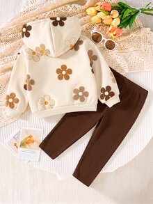 SHEIN Vintaside Kids 1套女嬰休閒可愛全花卉印花連帽衛衣套頭衫與內搭褲套裝，秋冬甜美女孩2件套 - 彩色 - 查看 2