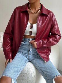 SHEIN EZwear 秋冬款落肩拉鍊PU短版皮夾克外套 - 玫瑰紅 - 查看 7
