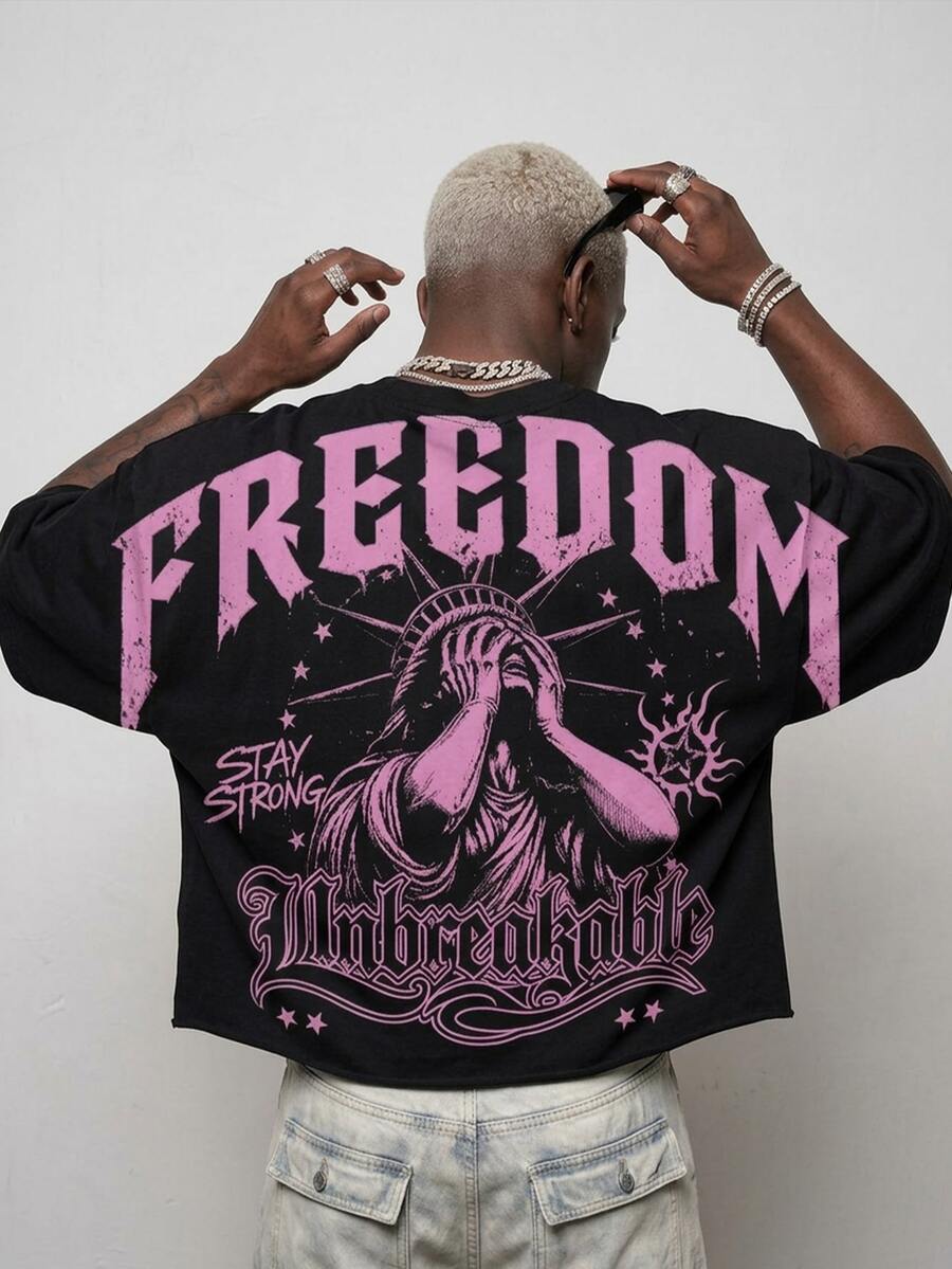 Manfinity ZONE917 American Retro Gothic Statue Of Liberty Covering Face Star FREEDOM Print Black Batwing Sleeve Cropped Loose Short Sleeve T-Shirt - Black - View 1
