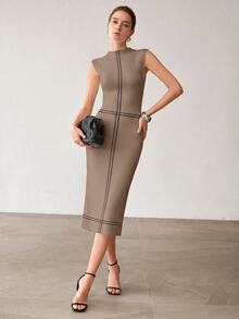 MOTF PREMIUM WOMEN'S STRIPED STAND COLLAR FITTED ELEGANT SLEEVELESS KNIT DRESS - Camel - View 4