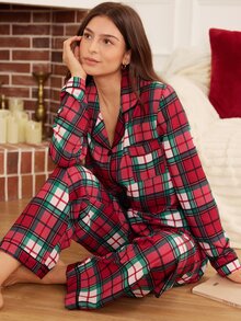 Doze Lane Plaid Print Casual Lapel Front Open Long Sleeve Pants Pajama Set For Women - Multicolor - View 5