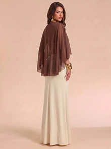 Bluhae Women's 2pcs Set Stacked Collar Batwing Sleeve Ruched Top & Solid Color Midi Skirt - Brown - View 2