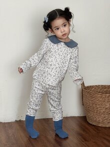 DAZY Infant Girl Peter Pan Collar Casual All-Over Print Long Sleeve Korean Style Loungewear - Blue and White - View 4