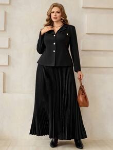 Roveilla Plus Size Elegant Commuter Blazer Sun Pleated Skirt 2 Pieces Set Dinner Formal Black Winter - Black - View 4
