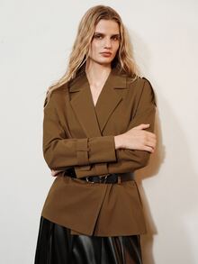 Aveloria Modichic Women's Loose Waist Belt Coffee Color Draped Drop Shoulder Double-Breasted Blazer - Coffee Brown - View 5
