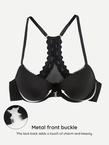 Bralution Black Underwire Molded Cup High Support Push Up Lift Front Closure Lace Patchwork Beautiful Back Minimalist French Style Women's Bra - Black - View 8