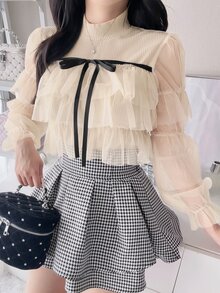FRIFUL Women's Front Tie Patchwork Multi-Layer Mesh Ruffle Long Sleeve Top - Apricot - View 5