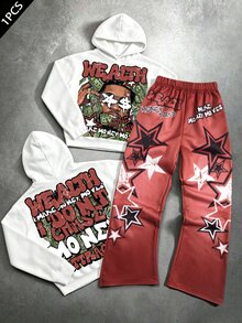 SHEIN 兒童/青少年男孩 2件組休閒時尚簡約 Y2K 酷感塗鴉手繪嘻哈人像星星圖案英文字母運動風連帽衛衣與喇叭褲套裝，適合秋冬、學校、家庭聚會、返校、假期 - 彩色 - 查看 3