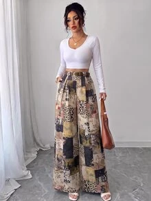 SHEIN Elenzya 秋季老錢風高腰米色長褲，復古腰帶款式，適合約會日常、畢業季、音樂節、德比賽馬、日 - 彩色 - 查看 3