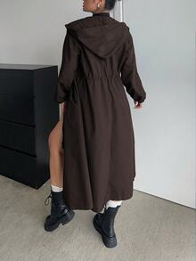 POPSWAY Plus Size Long Sleeve Hooded Jacket With Front Zipper Pockets And Drawstring Waist Fall - Coffee Brown - View 5