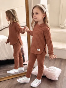 Elladie kids 女童新款棕色連帽長袖上衣與鬆緊腰休閒寬鬆軟針織長褲兩件套，春/秋季 - 棕色 - 查看 1