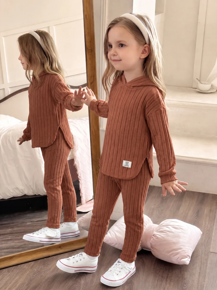 Elladie kids 女童新款棕色連帽長袖上衣與鬆緊腰休閒寬鬆軟針織長褲兩件套,春/秋季 - 棕色 - 查看 1