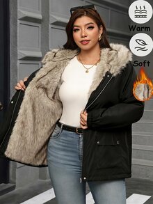Reflora Women Plus Size Patchwork Faux Fur Hooded Cinched Waist Padded Coat - Black - View 1