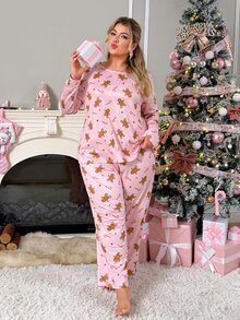 Slumberry CURVE طقم بيجامة نسائي مقاس كبير بطبعة رجل الزنجبيل وحلوى عيد الميلاد، محبوك بياقة دائرية وأكمام طويلة وبنطال - متعدد الألوان - مشاهدة 3