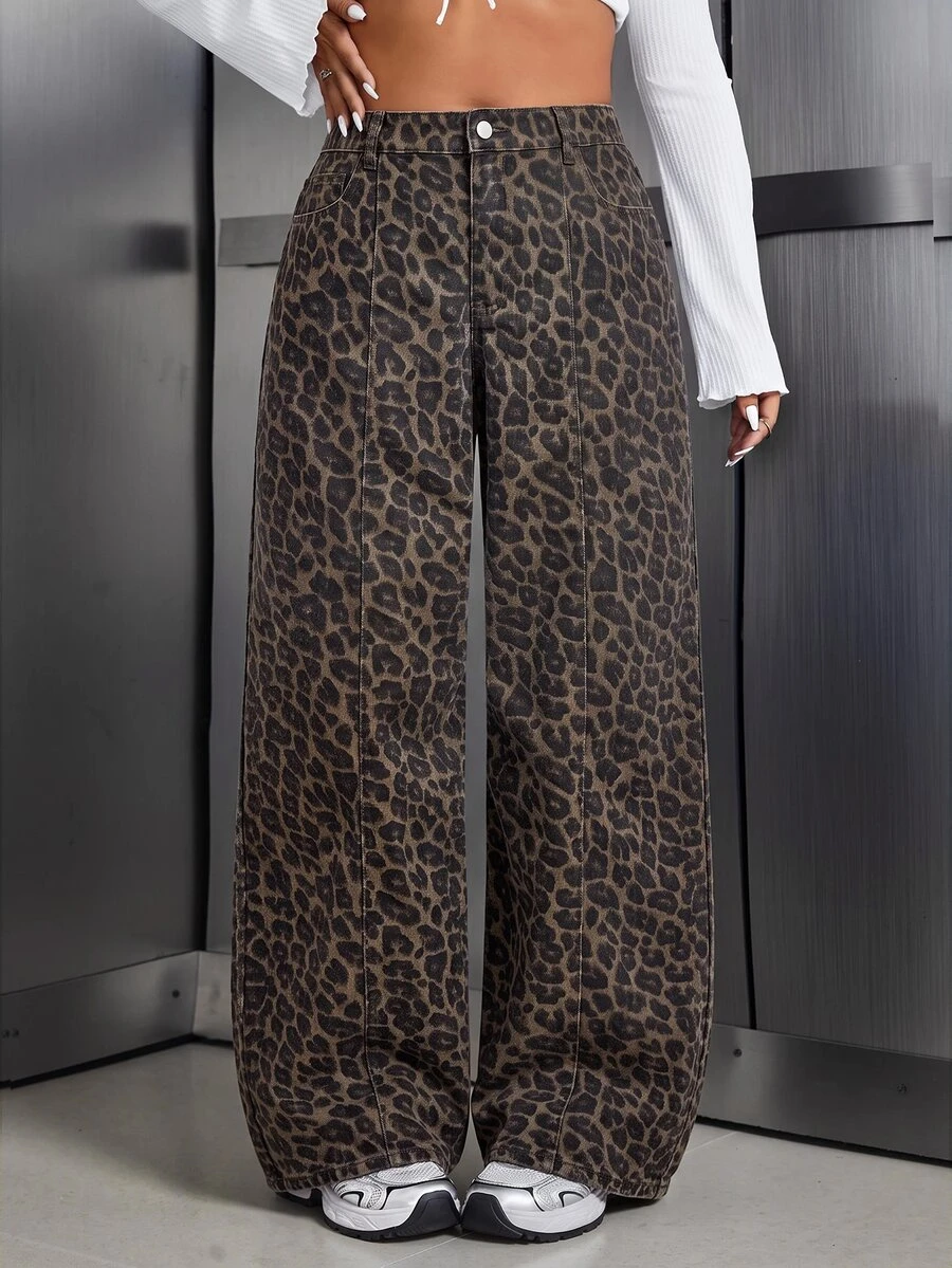SHEIN Tall CURVE Plus Size Women's Button Leopard Print Casual Daily Wear Denim Jeans - Multicolor - View 1