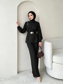 Celisse Women's Jacket And Wide Leg Pants Set Autumn - Black - View 4
