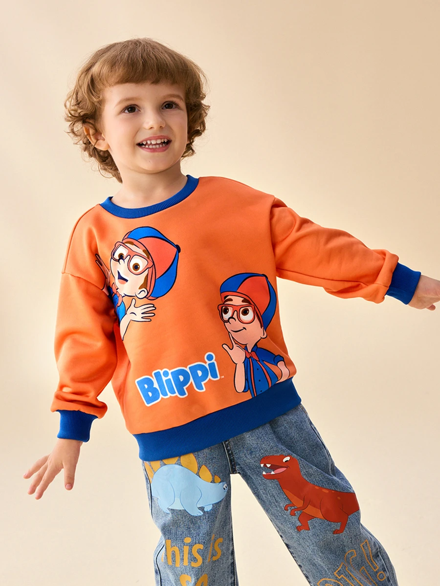 Blippi X SHEIN Young Boy Crew Neck Long Sleeve Cartoon Print Sweatshirt - Orange - View 1
