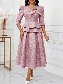 SHEIN Lady Women's 3D Floral Decor Top And Skirt Fashion 2 Pieces Set - Pink - View 3