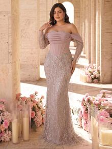 Glamrae Plus Size Elegant Luxurious Beaded Sequin Embroidered Lace Bubble Patchwork Elastic Knit Ruched Mermaid Skirt With Puff Sleeves, Suitable For Wedding Events, Bachelorette Party, Vacation, Ball, Evening Gown (Heavy Workmanship Style) - Dusty Pink - View 8