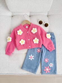 Cozy Pixies 女嬰休閒日常兩件套－長袖開襟衫搭配3D花朵貼飾與配套長褲－適合秋季 - 彩色 - 查看 4